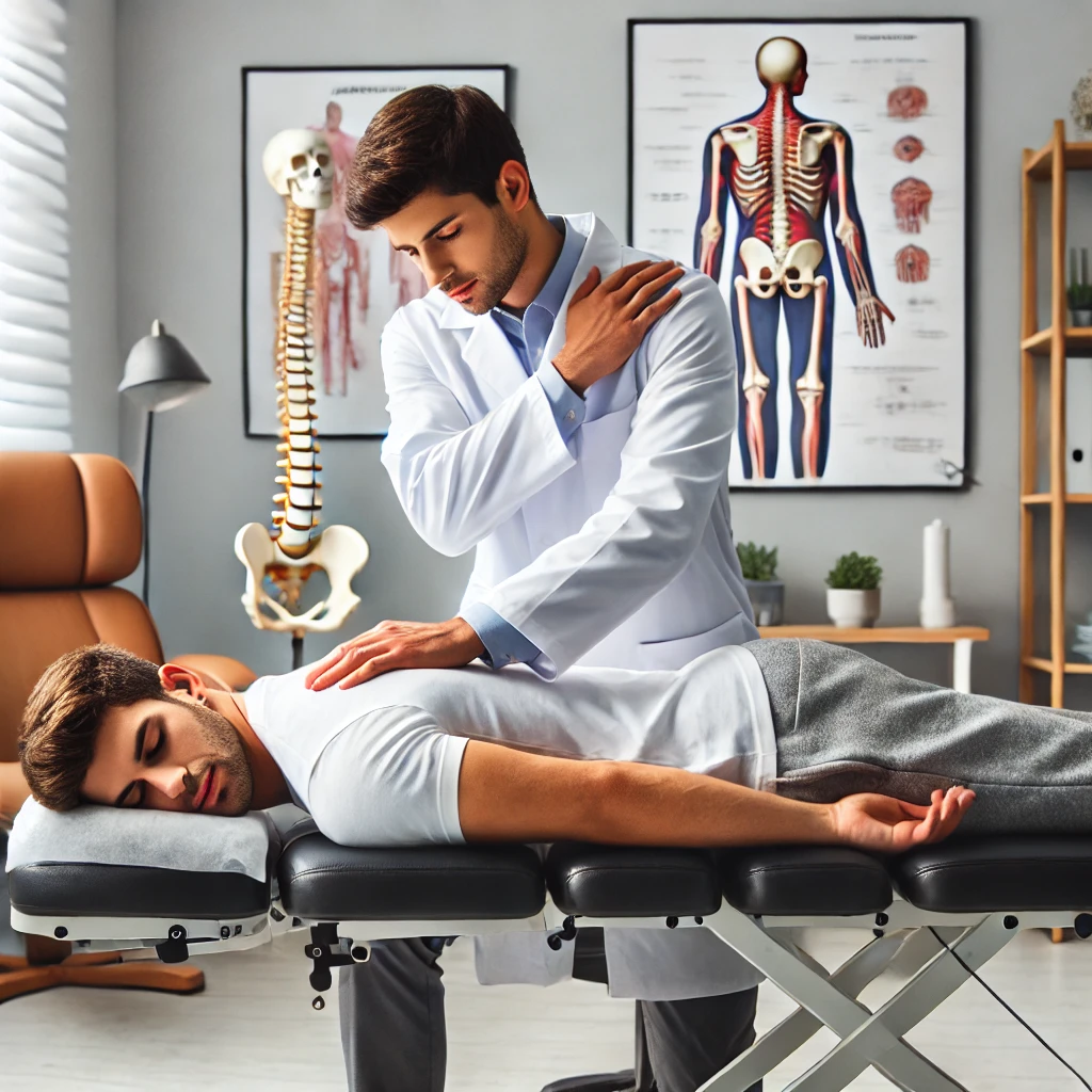 A professional chiropractic clinic setting where a chiropractor is performing a spinal adjustment on a patient lying comfortably on a chiropractic tab.